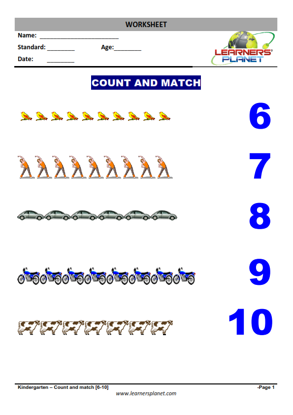 Math worksheets for kindergarten counting 1-10- Count & match